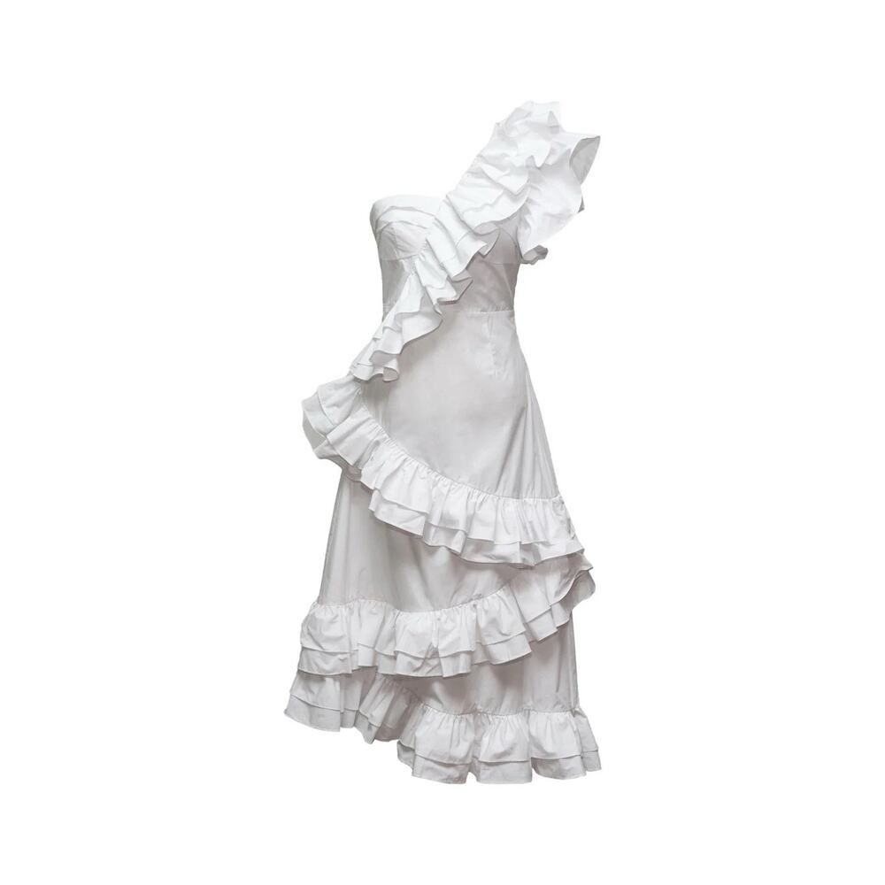 NWT Celia B x Anthropologie One-Shoulder Tiered Ruffle Cotton Dress White Large